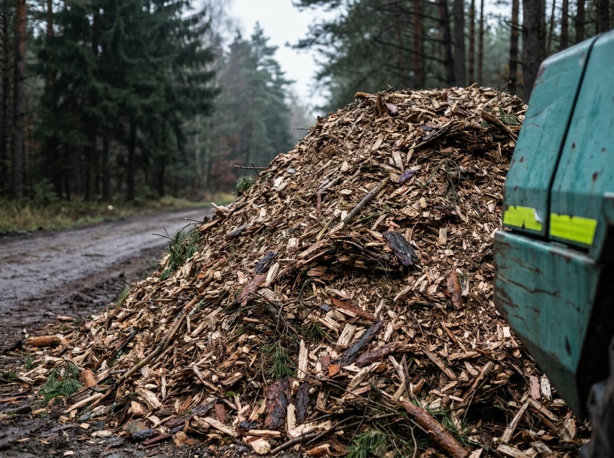 Zrębka leśna wysypywana z naczepy z ruchomą podłogą
