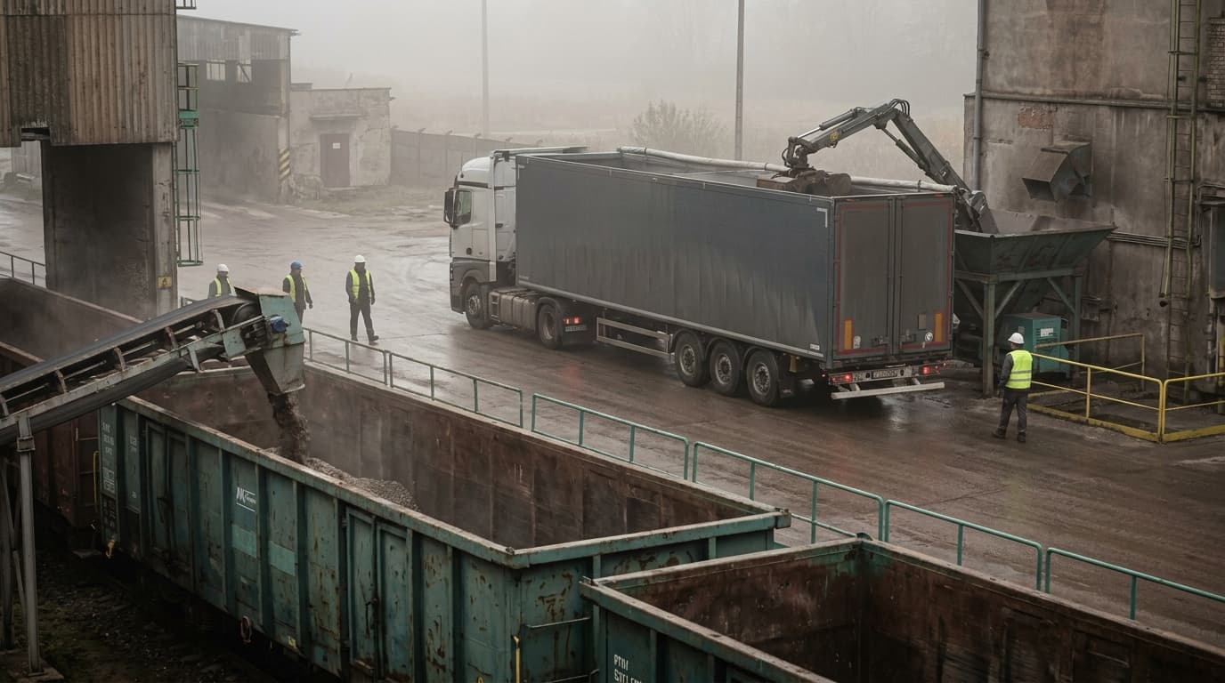 Wagon samowyładowczy przy bocznicy ciepłowni obok naczepy z ruchomą podłogą
